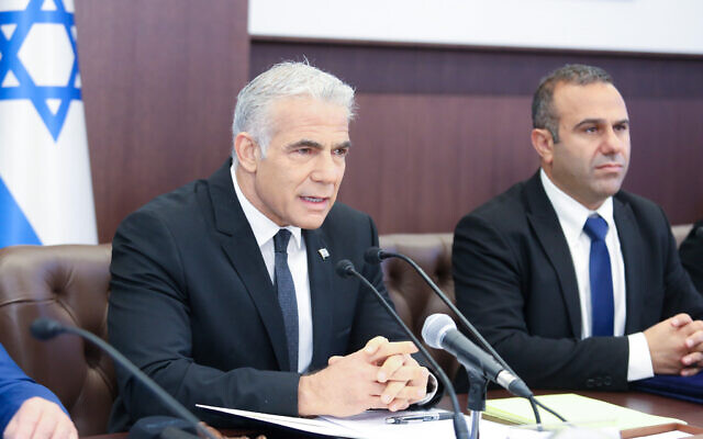 Prime Minister Yair Lapid leads a cabinet meeting at the Prime Minister's Office in Jerusalem on July 17, 2022. (Marc Israel Sellem/ POOL) Prime Minister Yair Lapid leads a cabinet meeting at the Prime Minister's Office in Jerusalem on July 17, 2022. (Marc Israel Sellem/ POOL)