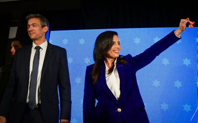 Ayelet Shaked, (left) and Yoaz Hendel at the Zionist Spirit launch party in Ramat Gan, on July 27, 2022. (Avshalom Sassoni/Flash90)