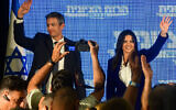 Interior Minister and head of the Yamina party Ayelet Shaked, right, holds a press conference with Communications Minister Yoaz Hendel of Derech Eretz at Hamacabia Village in Ramat Gan, on July 27, 2022. (Avshalom Sassoni/Flash90)