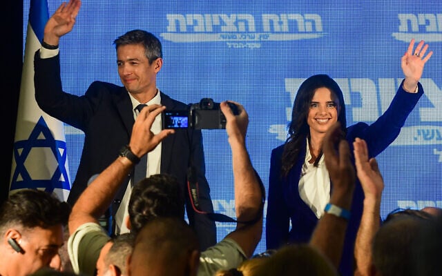 Interior Minister and head of the Yamina party Ayelet Shaked, right, holds a press conference with Communications Minister Yoaz Hendel of Derech Eretz at Hamacabia Village in Ramat Gan, on July 27, 2022. (Avshalom Sassoni/Flash90) Interior Minister and head of the Yamina party Ayelet Shaked, right, holds a press conference with Communications Minister Yoaz Hendel of Derech Eretz at Hamacabia Village in Ramat Gan, on July 27, 2022. (Avshalom Sassoni/Flash90)