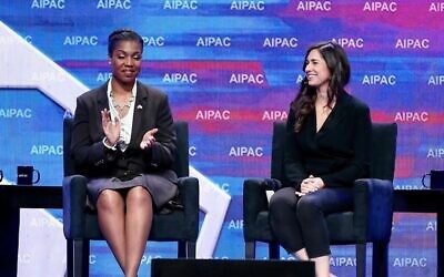 Shelley Greenspan, on right, shown at the 2020 AIPAC policy conference. (Courtesy of Greenspan via JTA)