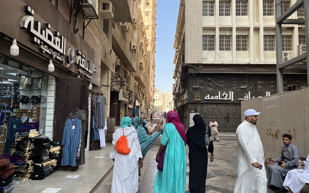 The Al Balad neighborhood of Jeddah, Saudi Arabia on July 15, 2022. (Jacob Magid/Times of Israel)