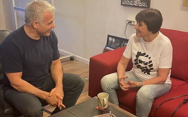 Prime Minister Yair Lapid meets with Meretz chair hopeful Zehava Galon on July 19, 2022. (Zehava Galon) Prime Minister Yair Lapid meets with Meretz chair hopeful Zehava Galon on July 19, 2022. (Zehava Galon)