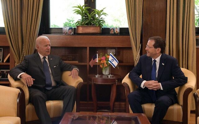 US President Joe Biden (L) meets President Isaac Herzog at the President's Residence in Jerusalem, July 14, 2022. (Haim Zach/GPO) US President Joe Biden (L) meets President Isaac Herzog at the President's Residence in Jerusalem, July 14, 2022. (Haim Zach/GPO)