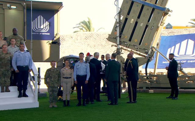US President Joe Biden tours a display of Israeli defense technology at Ben Gurion Airport, July 13, 2022. (Screenshot) US President Joe Biden tours a display of Israeli defense technology at Ben Gurion Airport, July 13, 2022. (Screenshot)