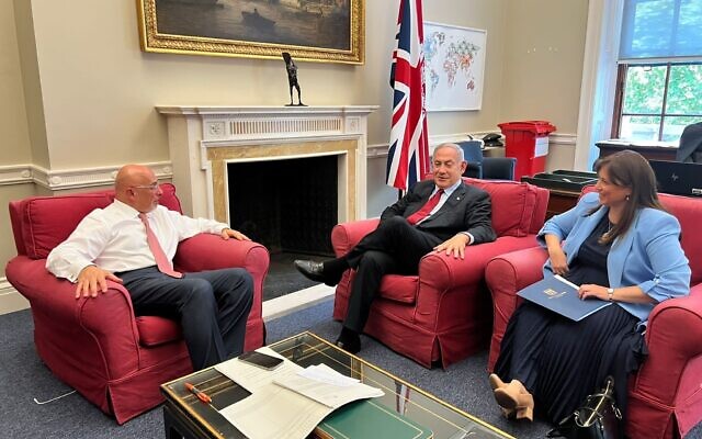 UK Chancellor of the Exchequer Nadhim Zahawi (left) meets with opposition leader Benjamin Netanyahu (center) and Israeli Ambassador Tzipi Hotovely in London, July 19, 2022. (Courtesy) UK Chancellor of the Exchequer Nadhim Zahawi (left) meets with opposition leader Benjamin Netanyahu (center) and Israeli Ambassador Tzipi Hotovely in London, July 19, 2022. (Courtesy)
