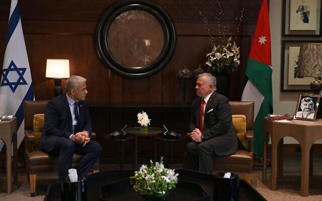 Prime Minister Yair Lapid (L) meets with King Abdullah II (R) in Amman, Jordan, July 27, 2022 (Haim Zach/GPO) Prime Minister Yair Lapid (L) meets with King Abdullah II (R) in Amman, Jordan, July 27, 2022 (Haim Zach/GPO)