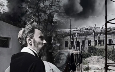 Archpriest Valerii Shvets stands outside his church moments after a deadly missile strike  in Vinnytsia, July 14, 2022 (screenshot/Instagram)