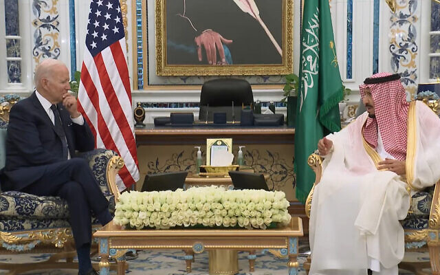 US President Joe Biden meets Saudi Arabia's King Salman at the Al Salam Royal Palace in Jeddah, July 15, 2022. (Screenshot: Twitter) US President Joe Biden meets Saudi Arabia's King Salman at the Al Salam Royal Palace in Jeddah, July 15, 2022. (Screenshot: Twitter)