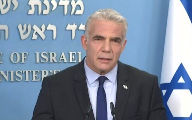 Prime Minister Yair Lapid gives a first televised address to the nation, July 2, 2022 (Channel 12 screenshot) Prime Minister Yair Lapid gives a first televised address to the nation, July 2, 2022 (Channel 12 screenshot)