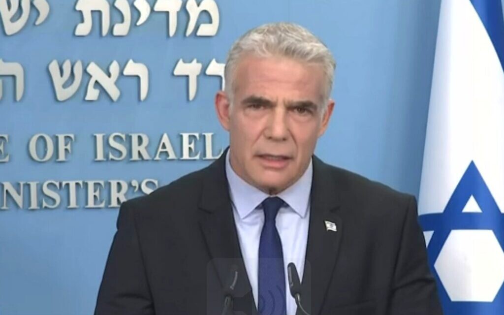 Prime Minister Yair Lapid gives a first televised address to the nation, July 2, 2022. (Channel 12 screenshot) Prime Minister Yair Lapid gives a first televised address to the nation, July 2, 2022. (Channel 12 screenshot)