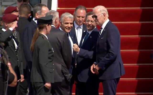 President Joe Biden bids farewell to Prime Minister Yair Lapid, President Isaac Herzog, US Ambassador to Israel Tom Nides and Israeli Ambassador to the US Michael Herzog after a three-day visit to Israel, at Ben Gurion Airport on July 15, 2022, as he leaves for Jeddah, Saudi Arabia. (GPO screenshot) President Joe Biden bids farewell to Prime Minister Yair Lapid, President Isaac Herzog, US Ambassador to Israel Tom Nides and Israeli Ambassador to the US Michael Herzog after a three-day visit to Israel, at Ben Gurion Airport on July 15, 2022, as he leaves for Jeddah, Saudi Arabia. (GPO screenshot)