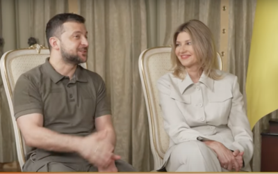 Ukraine Prime Minister Volodymyr Zelensky, left, with First Lady Olena Zelenska are interviewed on Sky News Australia, July 27, 2022. (Screen capture/YouTube)