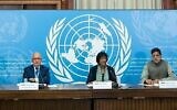 Navi Pillay (center), chair of the United Nations Independent International Commission of Inquiry on the Occupied Palestinian Territory, including East Jerusalem, and Israel, briefs reporters on the first report of the Commission, June 14, 2022. On the right is Miloon Kothari, and at left is Chris Sidoti. (UN Photo/Jean Marc Ferré)