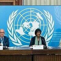 Navi Pillay (center), chair of the United Nations Independent International Commission of Inquiry on the Occupied Palestinian Territory, including East Jerusalem, and Israel, briefs reporters on the first report of the Commission, June 14, 2022. On the right is Miloon Kothari, and at left is Chris Sidoti. (UN Photo/Jean Marc Ferré)