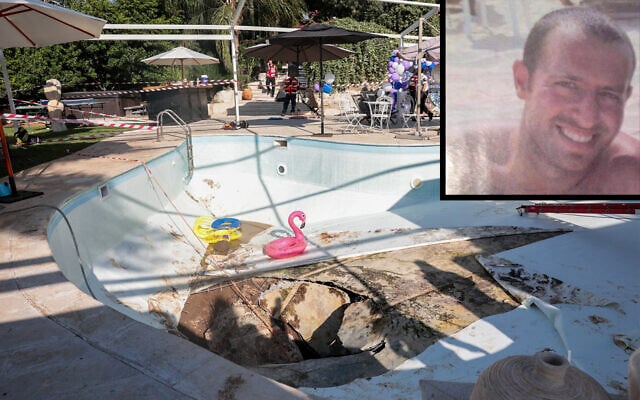 A sinkhole that opened up in a pool at a home in Karmei Yosef. Inset: Klil Kimhi, who was killed in the incident on July 21, 2022. (Yossi Aloni/Flash90; courtesy) A sinkhole that opened up in a pool at a home in Karmei Yosef. Inset: Klil Kimhi, who was killed in the incident on July 21, 2022. (Yossi Aloni/Flash90; courtesy)
