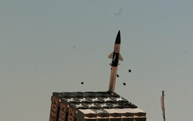 An Iron Dome battery fires an interceptor missile during a trial on the US military’s White Sands test range in New Mexico in an image published on July 18, 2022. (Defense Ministry)