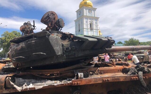 A destroyed Russian tank in Old Kyiv, July 21, 2022 (Lazar Berman/The Times of Israel)