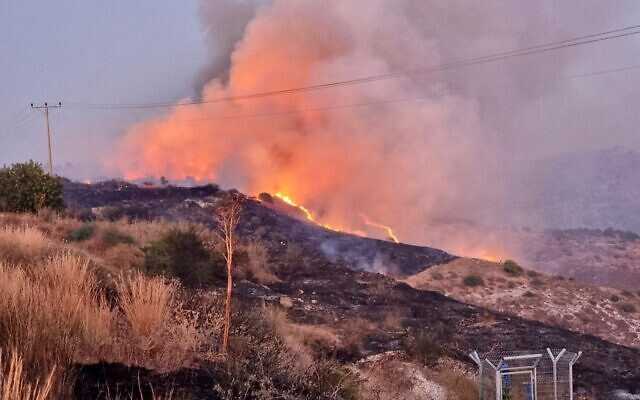 Fires burn near the community of Kfar Haruv on the southern Golan Heights on July 31, 2022. (Fire and Rescue Services) Fires burn near the community of Kfar Haruv on the southern Golan Heights on July 31, 2022. (Fire and Rescue Services)