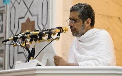 Dr. Mohammed bin Abdul Karim al-Issa, the head of the Muslim World League, speaks at the Nimrah Mosque in Mecca during the annual Hajj pilgrimage, July 8, 2022. (SPA -- Saudi state news agency)
