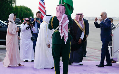 President Joe Biden arrives at King Abdulaziz International Airport, July 15, 2022, in Jeddah, Saudi Arabia. (AP Photo/Evan Vucci) President Joe Biden arrives at King Abdulaziz International Airport, July 15, 2022, in Jeddah, Saudi Arabia. (AP Photo/Evan Vucci)