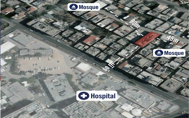 This illustration published by the military on July 27, 2022, shows a Hamas arms factory next to the Shifa hospital in the Gaza Strip. (Israel Defense Forces)
