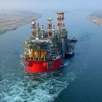 Energean floating production, storage and offloading vessel. Energean's floating rig arrived at the Karish field in June 2022. (Energean / Suez Canal Authority / AFP)