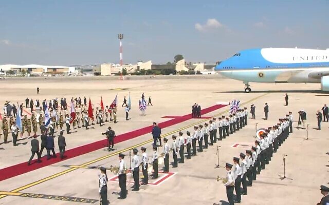 President Isaac Herzog approaches Air Force One, as US President Joe Biden lands in Israel, July 13, 2022. (Screen grab) President Isaac Herzog approaches Air Force One, as US President Joe Biden lands in Israel, July 13, 2022. (Screen grab)