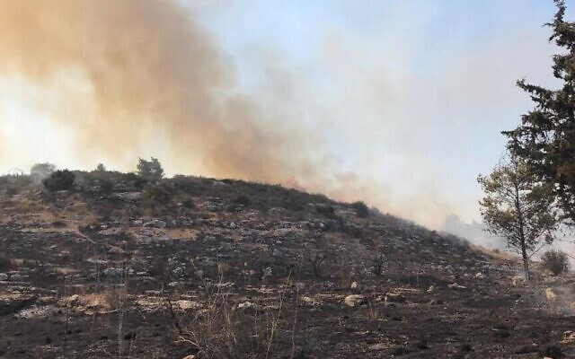 A fire burns near the Mitkan Adam base in central Israel on July 30, 2022. (Fire Services)