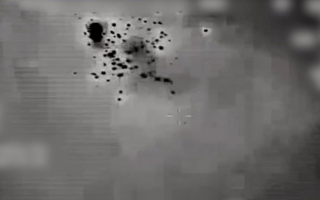 A drone launched by the Lebanese Hezbollah terror group, shortly after being intercepted by an Israeli fighter jet over the Mediterranean Sea, July 2, 2022. (Israel Defense Forces) A drone launched by the Lebanese Hezbollah terror group, shortly after being intercepted by an Israeli fighter jet over the Mediterranean Sea, July 2, 2022. (Israel Defense Forces)