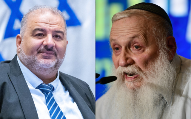 MK Mansour Abbas, left, leads a discussion and a vote on a bill to dissolve the Knesset on June 29, 2022; Rabbi Haim Drukman attends the campaign launch of the right-wing Yamina party on February 12, 2020. (Olivier Fitoussi/Flash90); (Tomer Neuberg/FLASH90) MK Mansour Abbas, left, leads a discussion and a vote on a bill to dissolve the Knesset on June 29, 2022; Rabbi Haim Drukman attends the campaign launch of the right-wing Yamina party on February 12, 2020. (Olivier Fitoussi/Flash90); (Tomer Neuberg/FLASH90)
