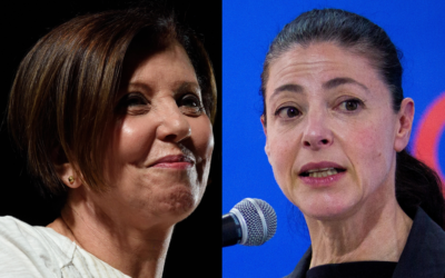 File: Meretz leader Zehava Galon, left, speaks to thousands of Israeli Left wing activists during a rally in Tel-Aviv on May 27, 2017; Labor leader Merav Michaeli attends a conference in Rishon Lezion on July 19, 2022. (Gili Yaari/Flash90); (Flash90)