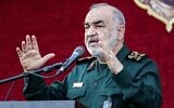Hossein Salami, head of Iran's Islamic Revolutionary Guard Corps, speaks during a funeral ceremony in the capital Tehran on August 4, 2022, held for five soldiers killed during the conflict against the Islamic State jihadist group in Syria. (AFP)