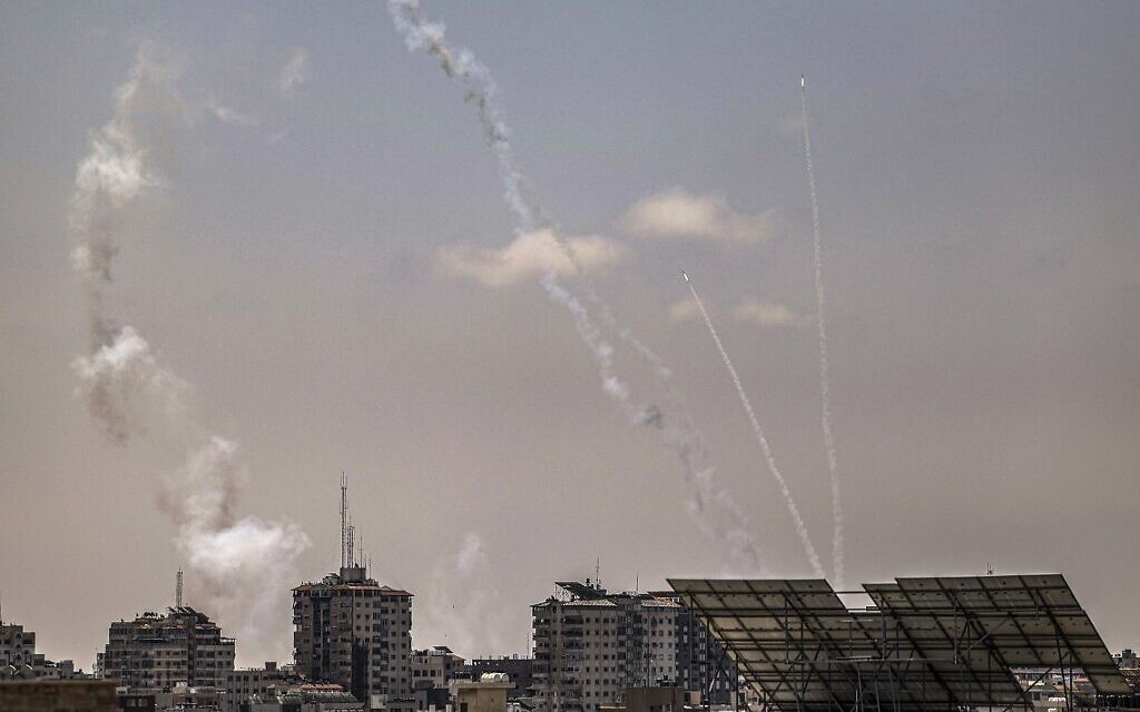 Rockets are fired from Gaza City on August 6, 2022, in the aftermath of Israeli aerial bombardment. (Mahmud Hams/AFP)