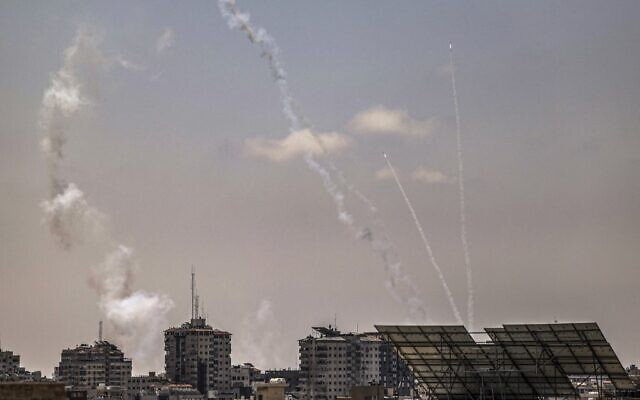 Rockets are fired from Gaza City on August 6, 2022, in the aftermath of Israeli aerial bombardment. (Mahmud Hams/AFP)