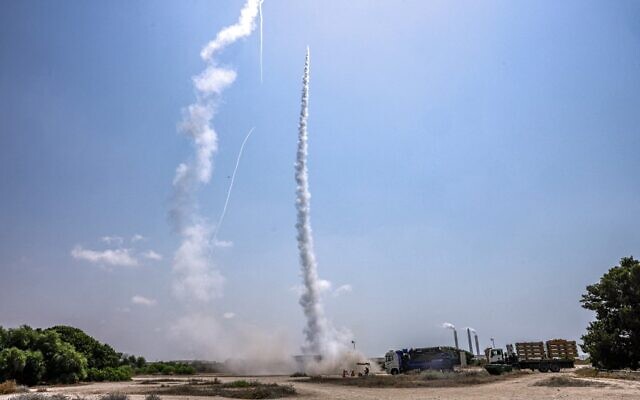 A missile is launched from a battery of Israel's Iron Dome defense missile system, designed to intercept and destroy incoming short-range rockets and artillery shells, in Ashkelon in southern Israel on August 6, 2022, amid fighting with the Gaza-based Palestinian Islamic Jihad terror group. (Menahem Kahana/AFP) A missile is launched from a battery of Israel's Iron Dome defense missile system, designed to intercept and destroy incoming short-range rockets and artillery shells, in Ashkelon in southern Israel on August 6, 2022, amid fighting with the Gaza-based Palestinian Islamic Jihad terror group. (Menahem Kahana/AFP)