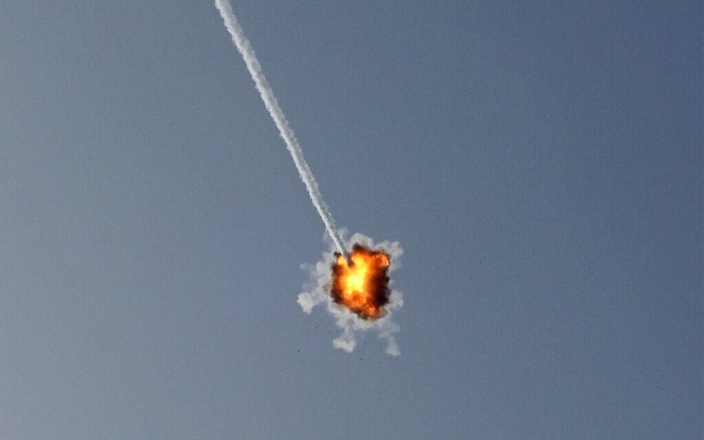Israel's Iron Dome air defense system intercepts a rocket launched from the Gaza Strip, above the southern Israeli city of Sderot on August 6, 2022. (Jack Guez/AFP)