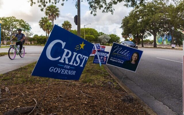 A political campaign sign for Charlie Christ and Nikki Fried, who are both running for the Governors seat, outside of a polling station on August 23, 2022 in West Palm Beach, Florida. (Saul Martinez/Getty Images/AFP) A political campaign sign for Charlie Christ and Nikki Fried, who are both running for the Governors seat, outside of a polling station on August 23, 2022 in West Palm Beach, Florida. (Saul Martinez/Getty Images/AFP)