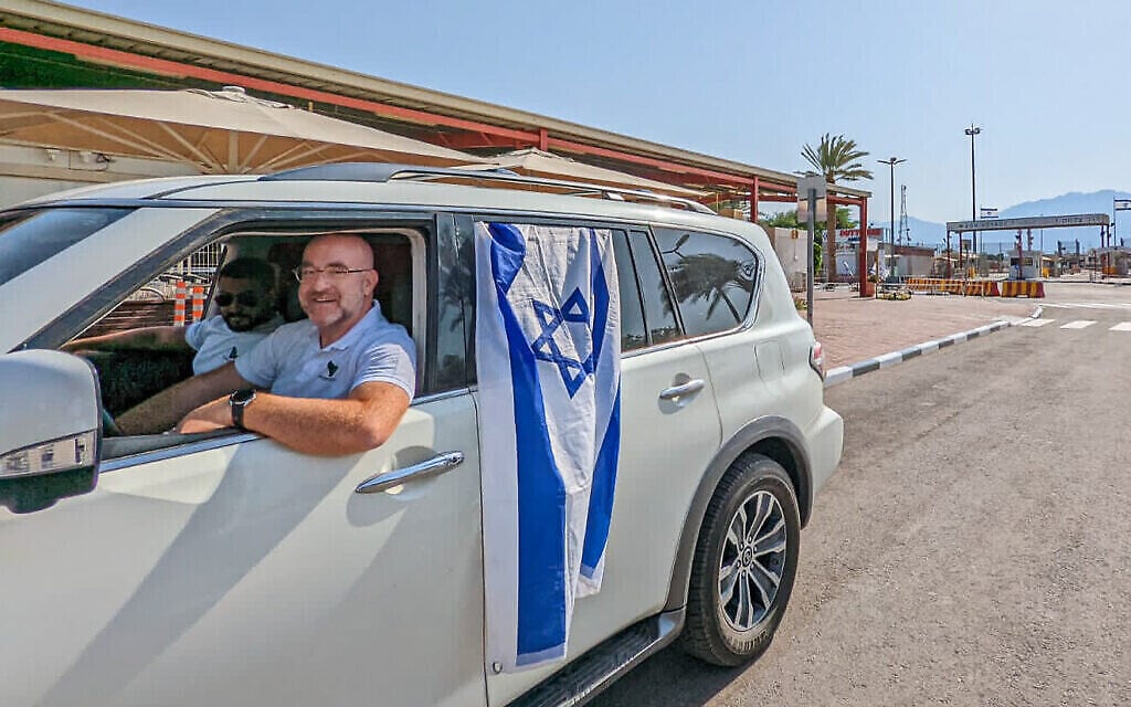 Bruce Gurfein and Joe Koen (left) cross into Israel at the Aqaba border crossing in Jordan, August 12, 2022. (Courtesy) Bruce Gurfein and Joe Koen (left) cross into Israel at the Aqaba border crossing in Jordan, August 12, 2022. (Courtesy)