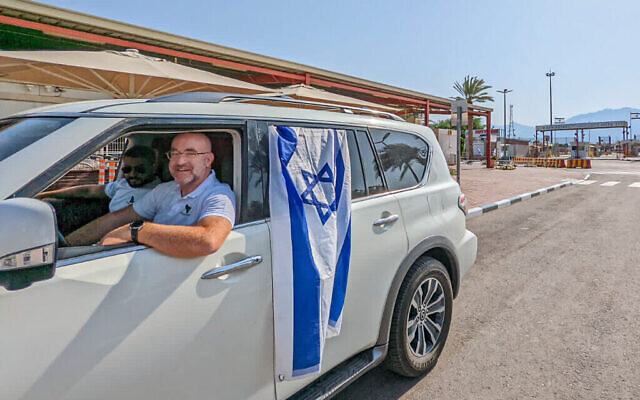 Bruce Gurfein and Joe Koen (left) cross into Israel at the Aqaba border crossing in Jordan, August 12, 2022. (Courtesy)
