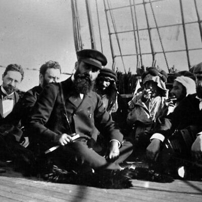 Theodor Herzl, center, shown on a boat in 1898. (Universal History Archive/Universal Images Group via Getty Images)
