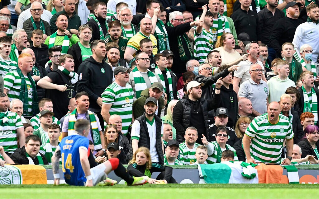 Celtic fans react during a Premiership match between Celtic and Rangers at Celtic Park in Glasgow, May 1, 2022. (Rob Casey/SNS Group via Getty Images/ via JTA)