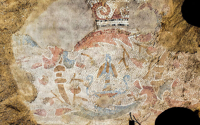 Decorative elements in the mosaic pavement at an ancient convent at Horbat Hani, near the central town of Shoham. (Gilead Stern/Israel Antiquities Authority)