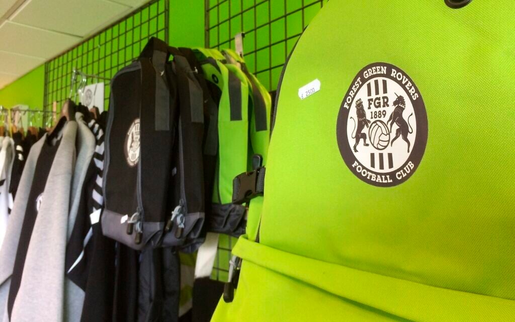 In this July 30, 2018 photo, merchandise for sale at The New Lawn, Forest Green Rovers’ football ground, in Nailsworth, England. (AP Photo/James Brook)