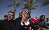 Far-right lawmaker Itamar Ben Gvir gestures to a Palestinian protester during a news conference at the Damascus Gate to Jerusalem's Old City, June 10, 2021. (AP Photo/Maya Alleruzzo)