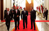 File: From left to right, Jordan's King Abdullah II, Iraqi President Barham Salih, Egyptian President Abdel Fattah el-Sissi, and Iraqi Prime Minister Mustafa al-Kadhimi, prepare to meet in the presidential palace in Baghdad, Iraq, Sunday, June 27, 2021.  (AP Photo/Khalid Mohammed)