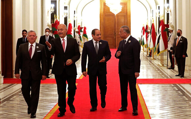 File: From left to right, Jordan's King Abdullah II, Iraqi President Barham Salih, Egyptian President Abdel Fattah el-Sissi, and Iraqi Prime Minister Mustafa al-Kadhimi, prepare to meet in the presidential palace in Baghdad, Iraq, Sunday, June 27, 2021. (AP Photo/Khalid Mohammed) File: From left to right, Jordan's King Abdullah II, Iraqi President Barham Salih, Egyptian President Abdel Fattah el-Sissi, and Iraqi Prime Minister Mustafa al-Kadhimi, prepare to meet in the presidential palace in Baghdad, Iraq, Sunday, June 27, 2021. (AP Photo/Khalid Mohammed)