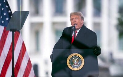 US President Donald Trump speaks during a rally protesting the electoral college certification of Joe Biden as US president in Washington on January 6, 2021. (AP/Evan Vucci) US President Donald Trump speaks during a rally protesting the electoral college certification of Joe Biden as US president in Washington on January 6, 2021. (AP/Evan Vucci)