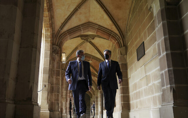US Secretary of State Antony Blinken, right, is escorted by Vice Chancellor Duncan Maskell as he arrives to hold a student town hall at the University of Melbourne in Melbourne, Australia, February 10, 2022. (Kevin Lamarque/AP) US Secretary of State Antony Blinken, right, is escorted by Vice Chancellor Duncan Maskell as he arrives to hold a student town hall at the University of Melbourne in Melbourne, Australia, February 10, 2022. (Kevin Lamarque/AP)