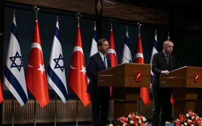 Turkish President Recep Tayyip Erdogan, right, and Israel's President Isaac Herzog speak to the media after their talks, in Ankara, Turkey, Wednesday, March 9, 2022. (AP/Burhan Ozbilici)
